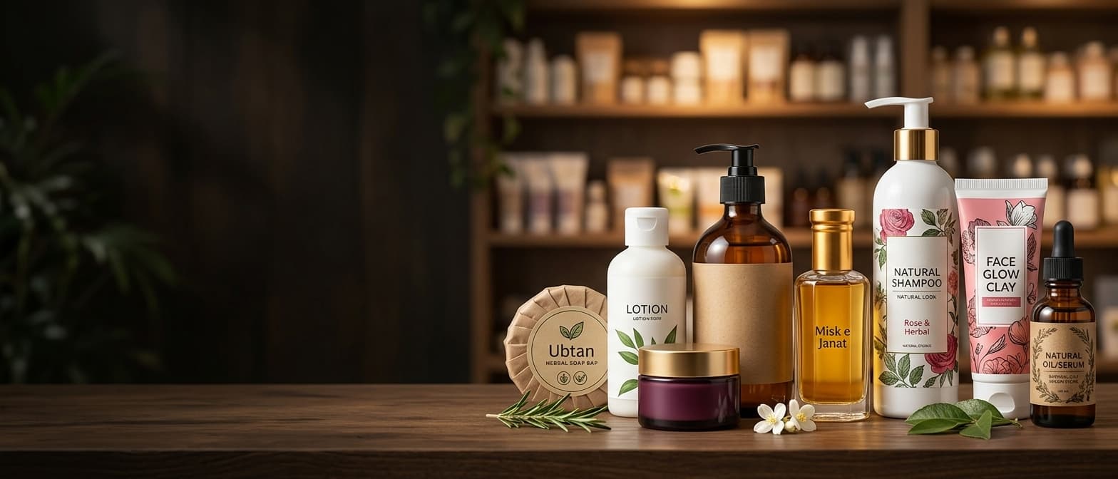 Beauty products flatlay — skincare, haircare and personal care